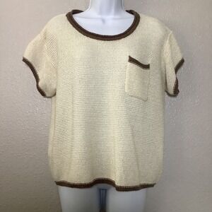Listicle Cream Brown Knit Casual Boho Chic Oversized Slouchy Short Sleeve Top L